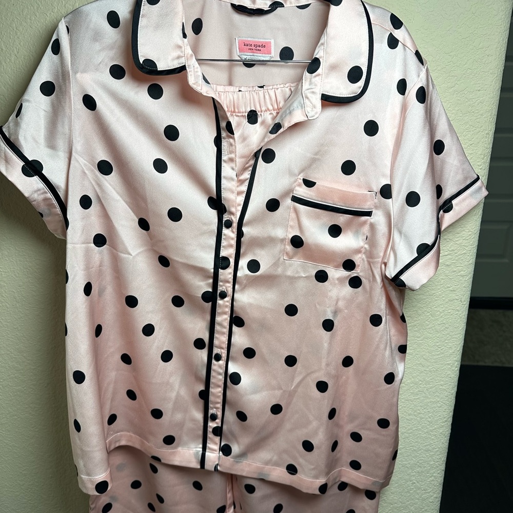 Kate Spade Pink and Black Polka Dot PJ set, with long pants with pockets.